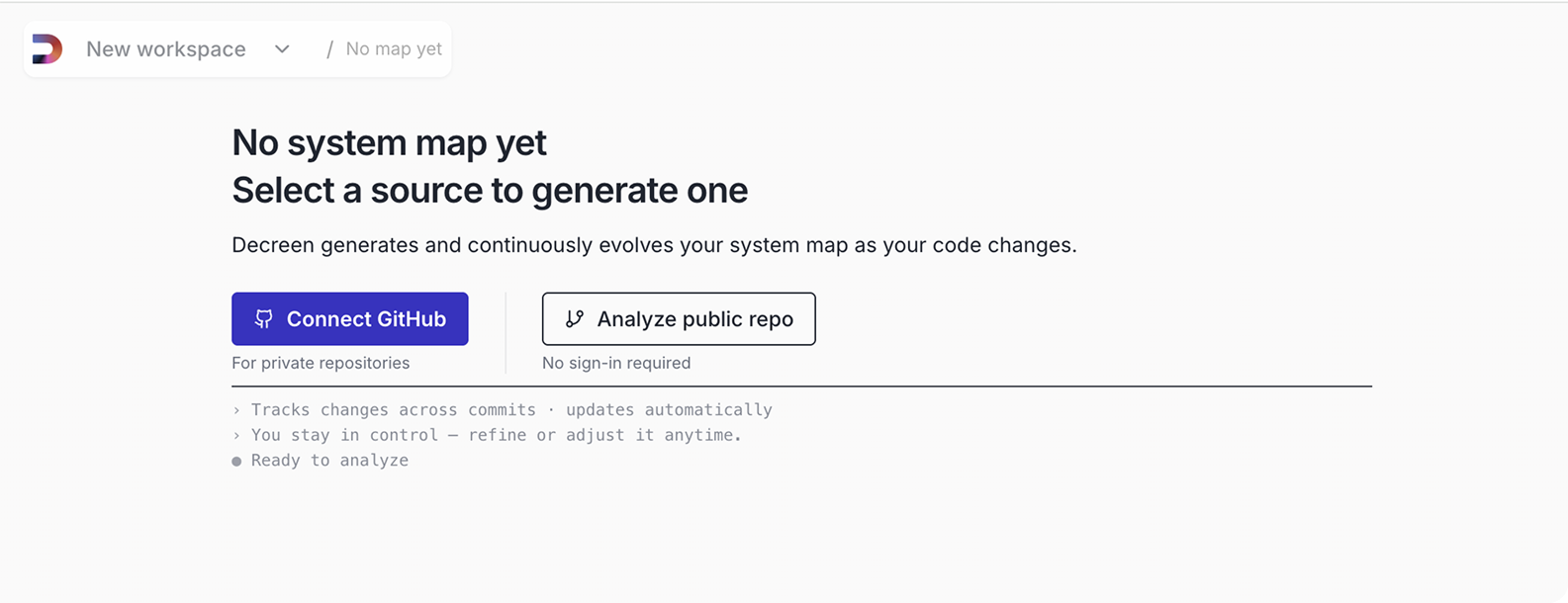 Decreen empty state: choose Connect GitHub or analyze a public repository to generate your system map.
